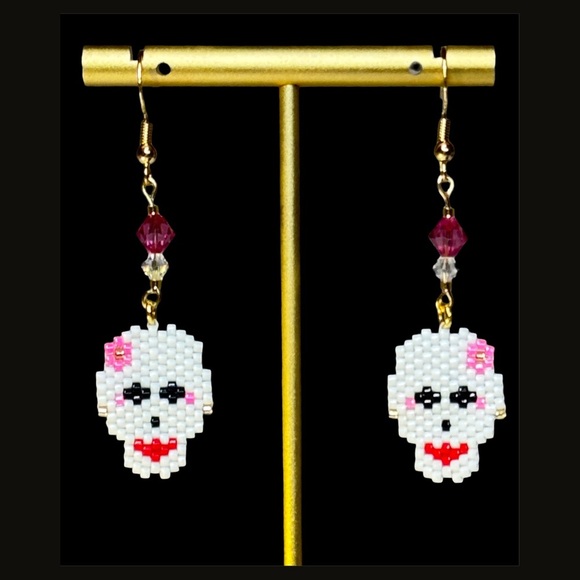 Beaded Whimsical Skull Earrings with Pink Accents - Gold Plated - Hand Crafted - Picture 5 of 6